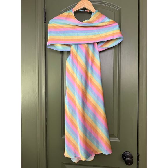 SAYLOR Dresses & Skirts - NWT Saylor Appolonia Rainbow Bias Satin Stripe Halter Resort Midi Dress Small